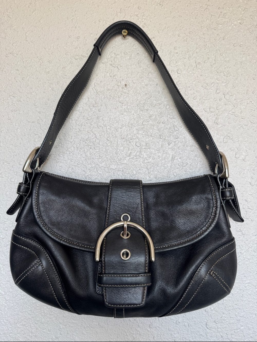 Coach Black Leather Shoulder Bag with Silver Buckle